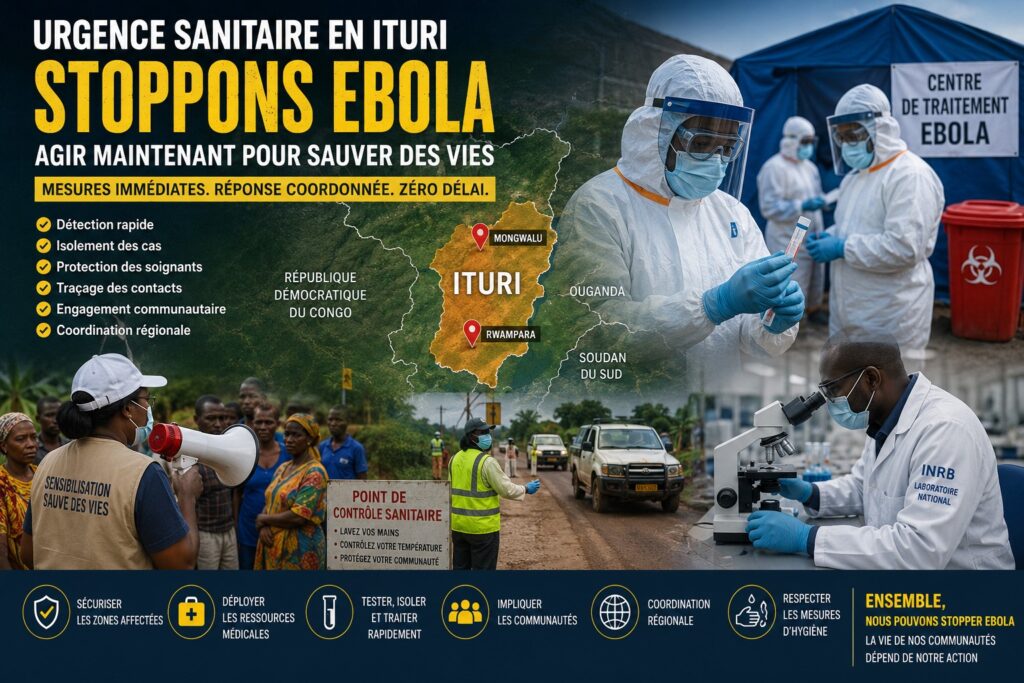 Cette image illustre l’urgence sanitaire provoquée par la nouvelle épidémie d’Ebola en Ituri, dans l’Est de la République Démocratique du Congo.

Au centre, une carte de l’Ituri met en évidence les zones touchées de Mongwalu et Rwampara, proches des frontières avec l’Ouganda et le Soudan du Sud, soulignant le risque élevé de propagation régionale.

L’image montre :
• des équipes médicales en équipements de protection biologique manipulant des échantillons Ebola ;
• un centre de traitement Ebola installé en zone d’urgence ;
• des opérations de sensibilisation communautaire auprès des populations locales ;
• un point de contrôle sanitaire sur les routes stratégiques ;
• un scientifique de l’INRB effectuant des analyses en laboratoire.

Les principaux messages visuels insistent sur :
✔️ la détection rapide ;
✔️ l’isolement des cas ;
✔️ la protection des soignants ;
✔️ le traçage des contacts ;
✔️ la coordination régionale ;
✔️ l’implication des communautés.

Le visuel transmet une atmosphère de mobilisation immédiate face à une menace sanitaire majeure dans un contexte marqué par l’insécurité et les mouvements transfrontaliers.