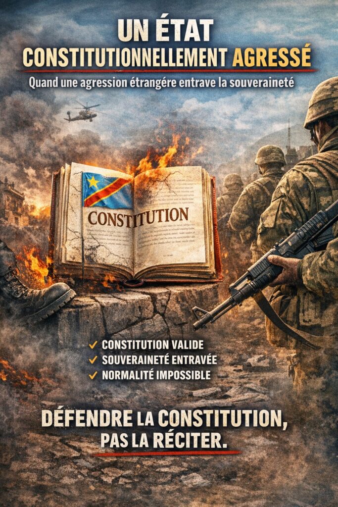 Un État constitutionnellement agressé.
Lorsque la Constitution demeure valide, mais que la souveraineté est entravée par une agression étrangère, le droit ne peut plus être récité mécaniquement.

Ici, le livre de la Constitution symbolise la continuité juridique de l’État, encerclée par la violence, la contrainte militaire et la rupture de la normalité institutionnelle.

Constitution valide.
Souveraineté entravée.
Normalité impossible.

Dans ces circonstances, défendre la Constitution devient un acte de survie nationale.

Défendre la Constitution, ce n’est pas la réciter. C’est la protéger.

✍️
Augustin Kazadi-Cilumbayi
Eyano Publishing
Doctrine • Constitution • Souveraineté