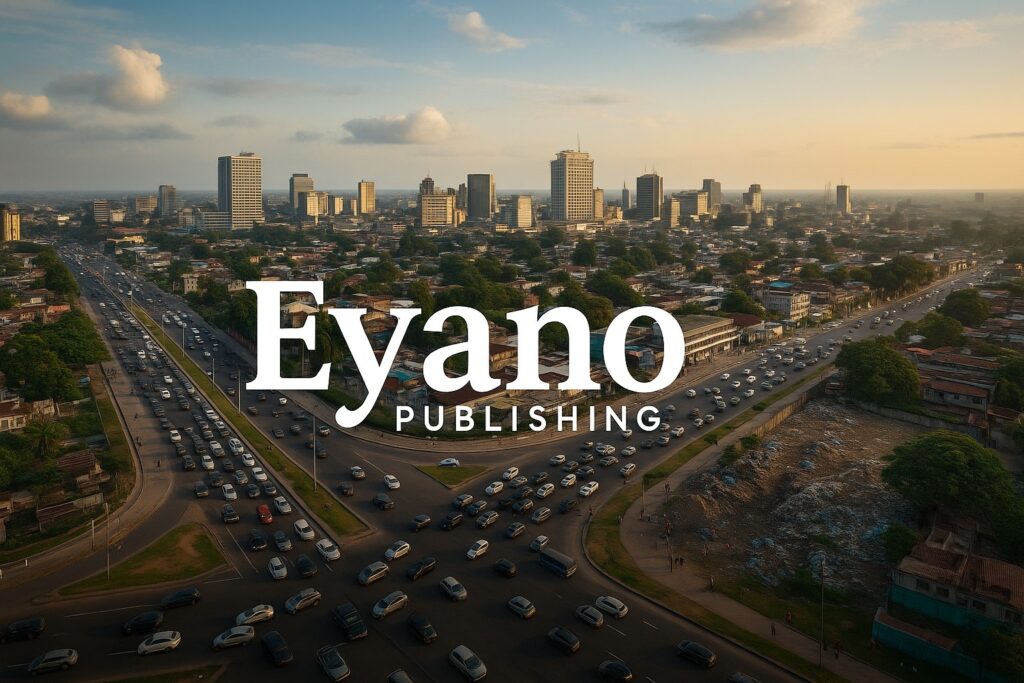 Vue aérienne de Kinshasa illustrant les défis urbains majeurs — embouteillages, assainissement et organisation de l’espace — au cœur de la réflexion stratégique d’Eyano Publishing pour une capitale moderne, fluide et sécurisée.