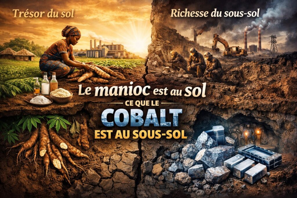 Du sol au sous-sol, une même vérité.
À gauche, le manioc – trésor du sol, nourricier, trop longtemps réduit à la survie.
À droite, le cobalt – richesse du sous-sol, pilier de la transition énergétique mondiale.
Deux ressources stratégiques, un même destin : exportées brutes, sous-valorisées, sans transformation locale.

Le manioc est au sol ce que le cobalt est au sous-sol.
Transformer les deux, c’est bâtir la souveraineté totale.

— Eyano Institut de Manioc