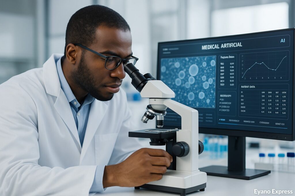 Légende :
Un biologiste congolais en blouse blanche observe un échantillon au microscope numérique, assisté par une interface d’intelligence artificielle médicale affichant des données biologiques et graphiques. Cette image illustre l’impact de l’IA sur les laboratoires d’analyses et de biologie médicale en République Démocratique du Congo.
Mots-clés SEO :
intelligence artificielle, laboratoire d’analyses médicales, biologie médicale, RDC, diagnostic médical, santé numérique, microscope, données biologiques, technologie médicale, Afrique.