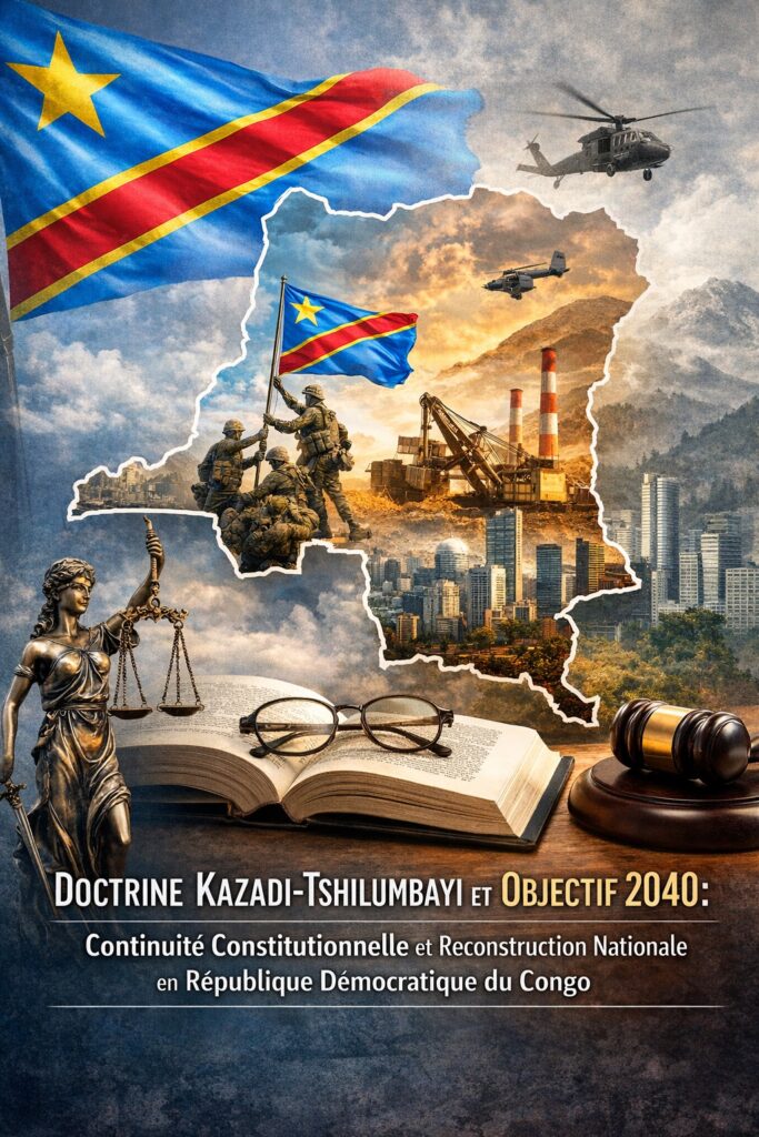 Figure 1 – Représentation conceptuelle de la Doctrine Kazadi-Tshilumbayi et de l’Objectif 2040 dans le contexte de la reconstruction de l’État en République Démocratique du Congo

Cette illustration propose une représentation symbolique des dynamiques juridiques, sécuritaires et économiques qui structurent la réflexion doctrinale autour de la continuité constitutionnelle en République Démocratique du Congo. La carte du territoire congolais occupe une position centrale, soulignant l’importance de l’intégrité territoriale dans l’exercice effectif de la souveraineté étatique.

Les soldats levant le drapeau national symbolisent la défense de la souveraineté et la restauration de l’autorité de l’État dans un contexte d’agression prolongée et de conflits armés ayant affecté certaines régions du pays depuis la fin du XXᵉ siècle. Les éléments industriels et urbains intégrés dans la représentation du territoire évoquent les perspectives de reconstruction économique, d’industrialisation et de transformation structurelle qui accompagnent la stabilisation institutionnelle.

Au premier plan, les symboles classiques de la justice — la statue de la Justice, le livre du droit et le marteau judiciaire — renvoient au rôle central du droit constitutionnel dans l’interprétation et l’adaptation des institutions face aux situations exceptionnelles.

Dans cette perspective, l’illustration met en relation deux concepts doctrinaux : la Doctrine Kazadi-Tshilumbayi de la continuité constitutionnelle en cas d’agression étrangère, qui analyse l’exercice contraint des institutions dans un contexte de crise sécuritaire prolongée, et l’Objectif 2040, conçu comme un horizon stratégique de stabilisation et de reconstruction nationale visant la consolidation de la paix, le renforcement institutionnel et la transformation économique de la République Démocratique du Congo.