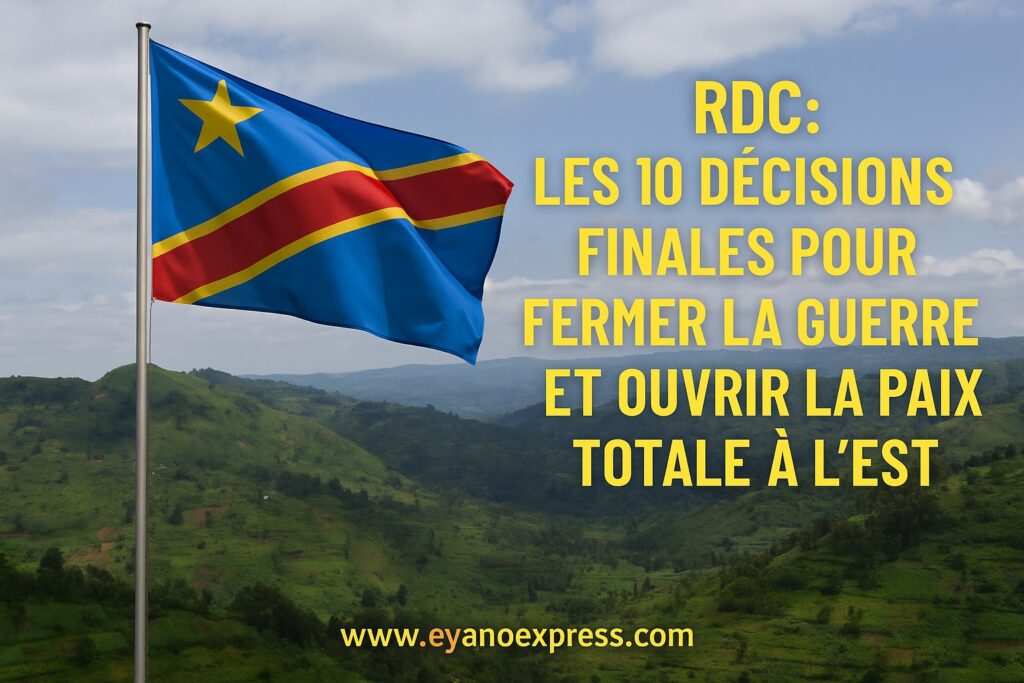 Le drapeau de la République Démocratique du Congo flotte au-dessus des collines du Kivu, symbole de résilience et de paix retrouvée. — www.eyanoexpress.com