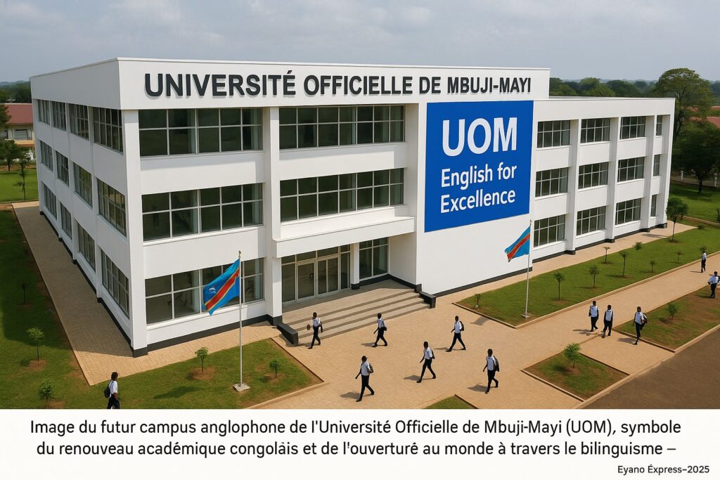 Vue aérienne d’un campus universitaire moderne congolais à Mbuji-Mayi, avec un grand bâtiment blanc vitré, des drapeaux congolais, des étudiants marchant en uniforme universitaire, et le slogan “UOM – English for Excellence” affiché sur une banderole.