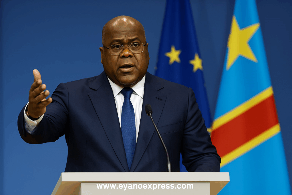 « À Bruxelles, le Président Félix Antoine Tshisekedi appelle à la paix et au développement — un Congo debout, tourné vers l’énergie, la technologie et la dignité. »