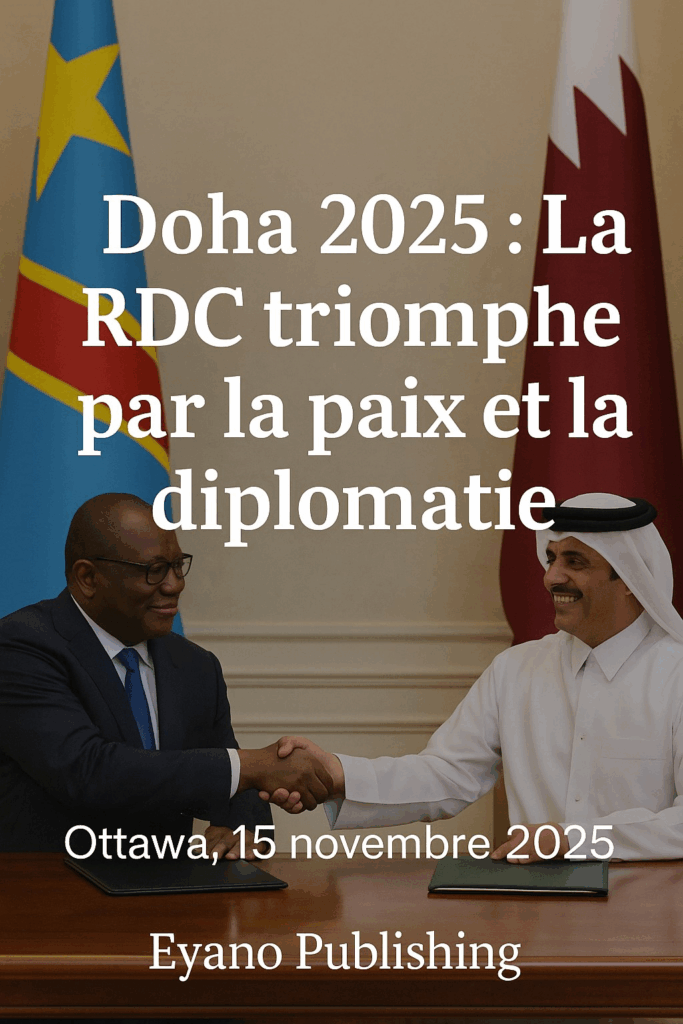 ignature historique de l’Accord de Doha entre la République Démocratique du Congo et ses partenaires diplomatiques, symbole d’une victoire de la paix et de la diplomatie. Les drapeaux de la RDC et du Qatar incarnent l’unité et la coopération internationale qui ont conduit à ce tournant décisif.